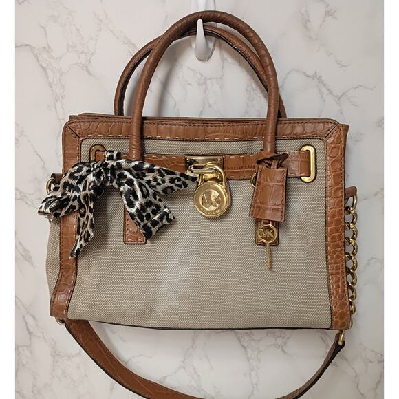 MICHAEL Michael Kors Handbags - MICHAEL KORS Hamilton Natural Canvas Leather Croc Crossbody Bag